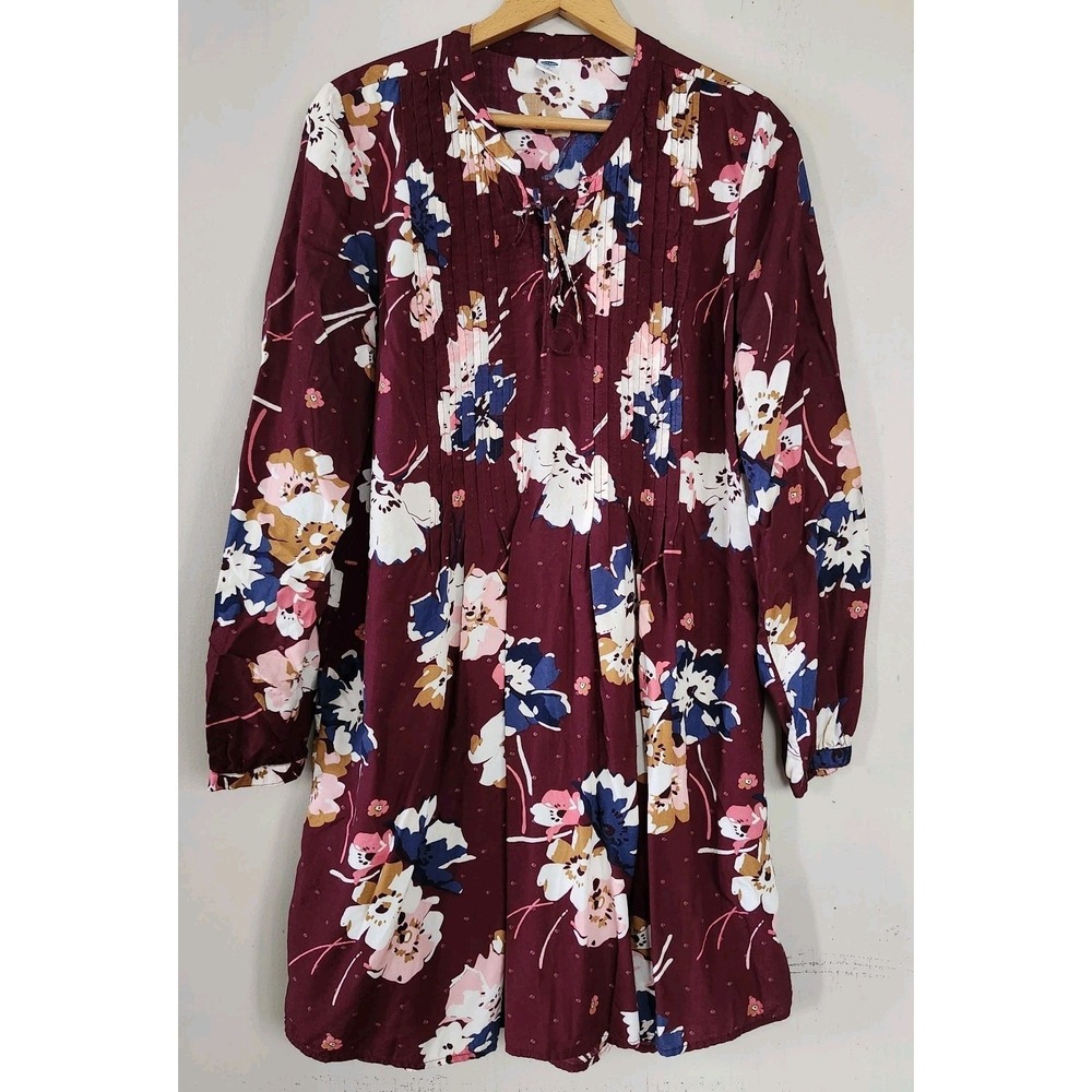 OLD NAVY Womens L Peasant Dress Maroon Floral Lace Up Pleated Boho Long Sleeve